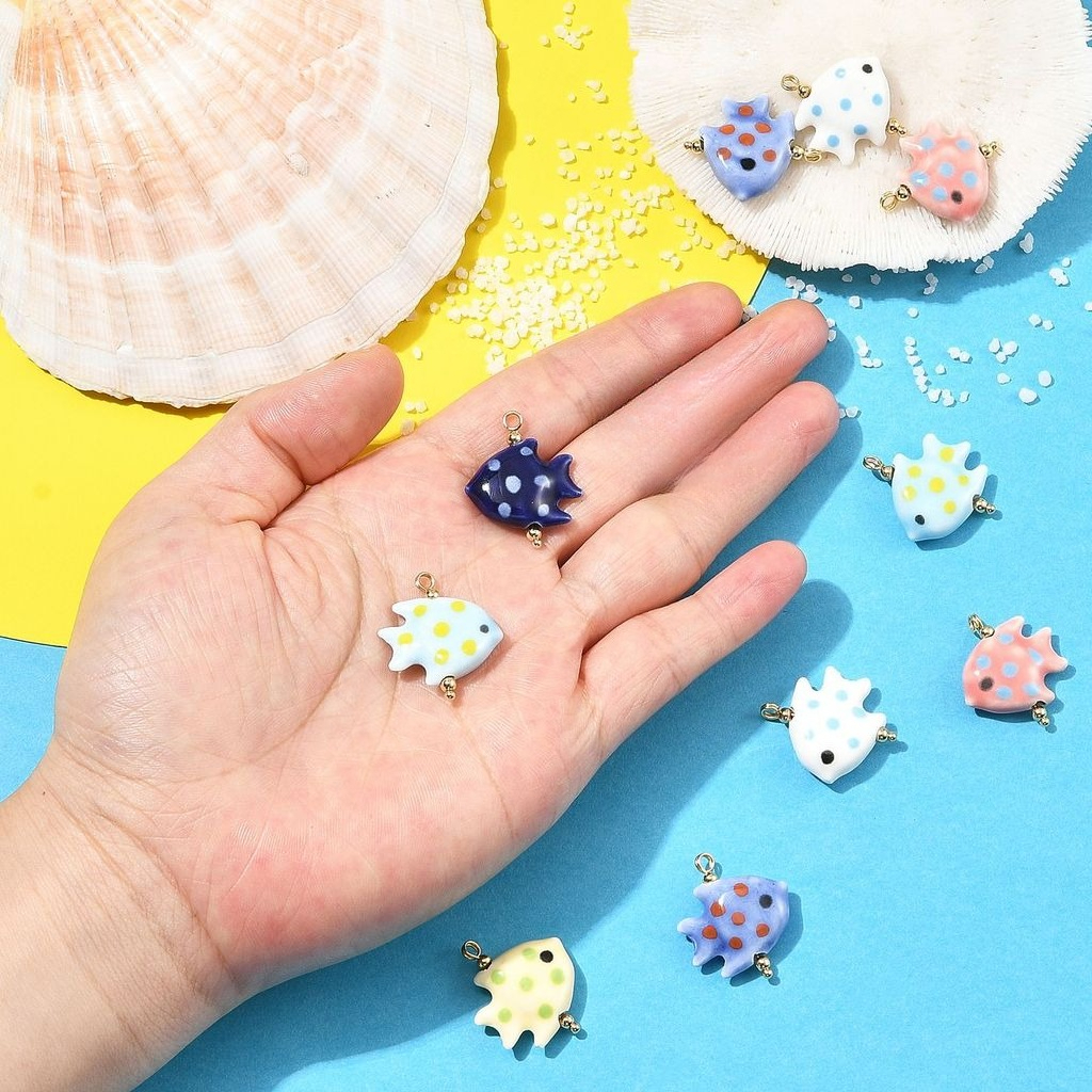 10pcs Handmade Porcelain Pendants with Stainless Steel Findings